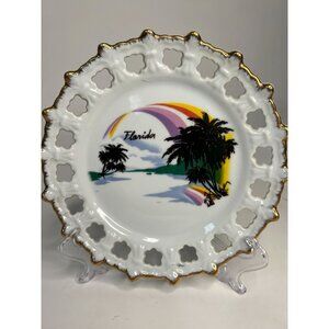 Florida Souvenir Vintage State Plate 8 inch White  Gold Edge  Porcelain